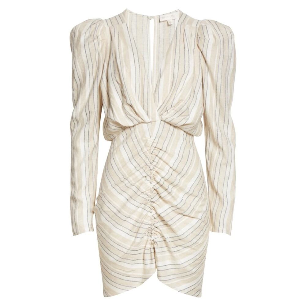 Ronny Kobo Joslyn Beige Striped Linen Blend Ruched Mini Dress Women’s Size XL - Picture 12 of 12